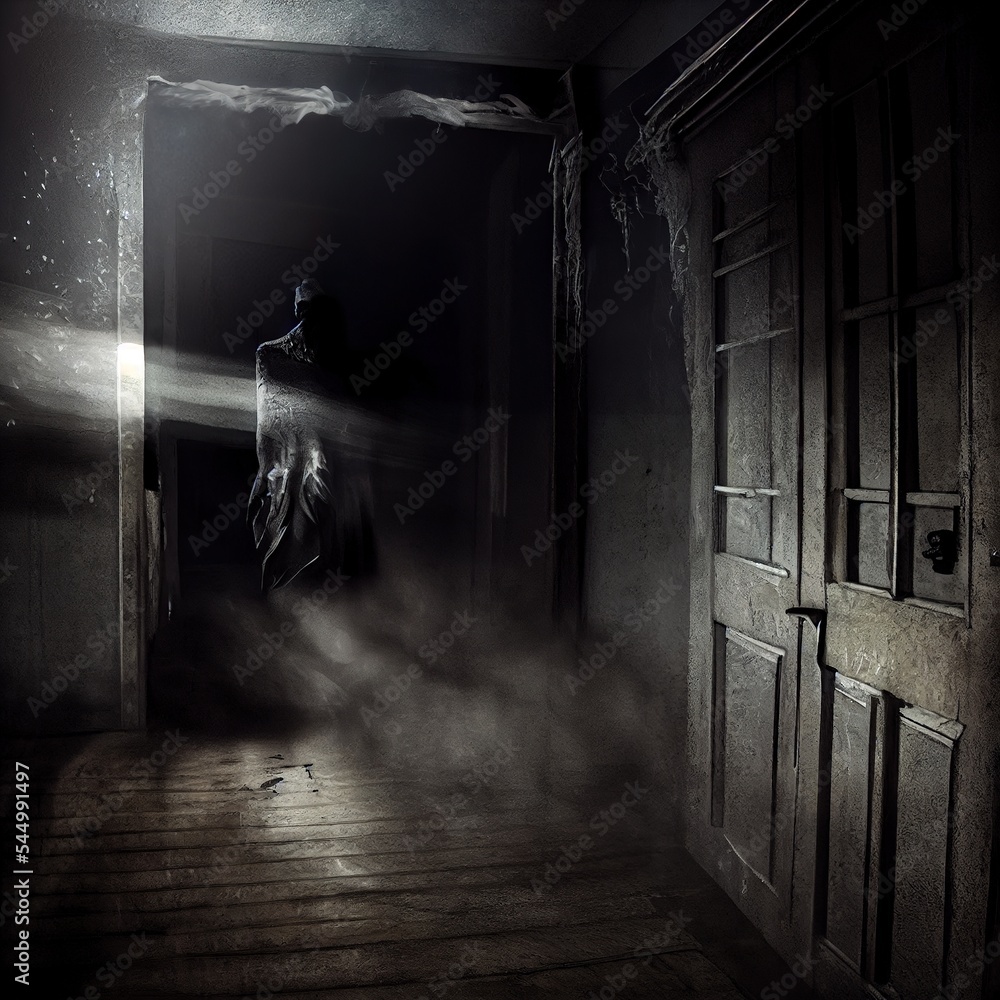 Paranormal activity in old house, scary dark ghost entity in eerie room ...