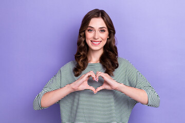 Sticker - Photo of charming pretty girlish lady wear striped pullover showing heart feelings date symbol lover isolated on pastel violet color background