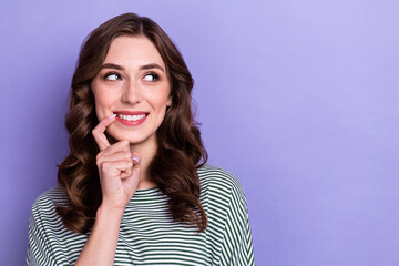 Poster - Closeup portrait photo of lady bite finger looking empty space dreamy new salon advert opening low prices isolated on pastel purple color background