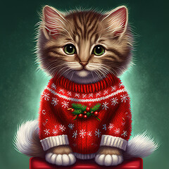 Wall Mural - christmas cat, christmas pullover cat, kitten in pullover, kitten in christmas pullover, santa kitty,generative ai