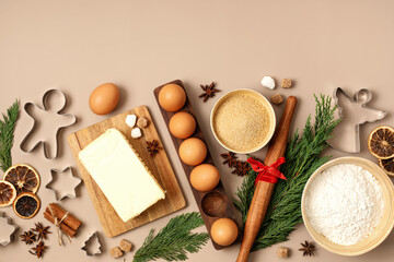 Wall Mural - Christmas cookie baking background. Festive cooking, xmas homemade biscuits, recipes for holidays concept