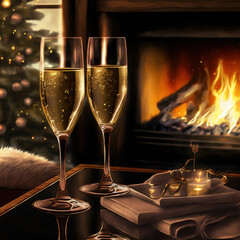 glasses of champagne on christmas background