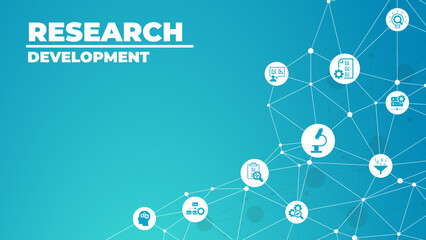 Research  development vector illustration. Concept with connected icons related to project management, product design or engineering, business development