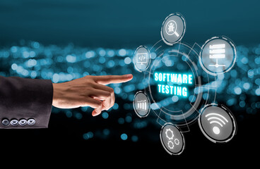 Woman Hand touching SOFTWARE TESTING inscription icon on VR screen, Business, modern technology, internet and networking concept.