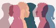 Multicultural people. Racial equality, friendship, communication concept. Male and female profile silhouette. 