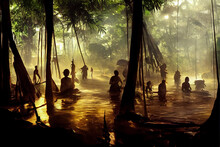 Silhouettes Of Indigenous Amazonian Tribal People In A Flooded Jungle At Sunset. Water Flooding A Native Riverside Village With Aboriginal People In An Ethnography Cinematic Scene Concept Art.