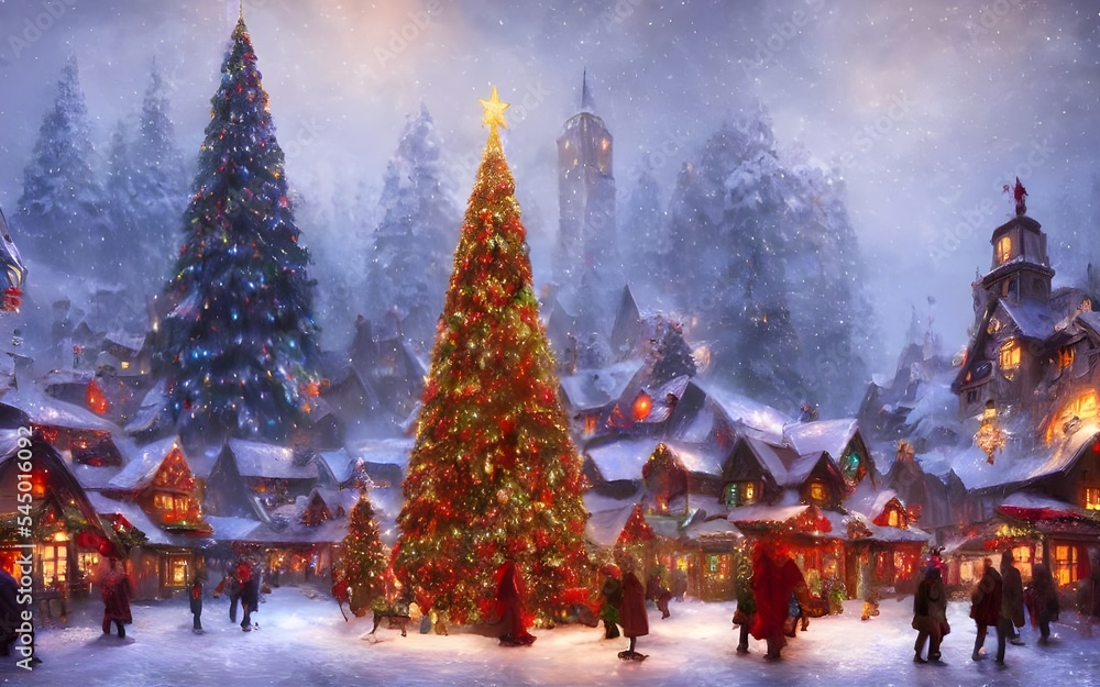 It's a cold winter night and the Christmas tree village is lit up with ...