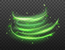 Green Spiral Spring Wind Effect With Green Star And Leaves On Transparent Background. Green Glowing Shiny Lines Effect. Vector Illustration