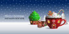 Christmas Banner With Fantasy Landscape. Christmas Background With Sweet Shaped Houses And Gingerbread Train.