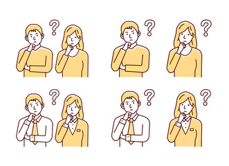 Poster - Vector illustration set of a young man and woman (couple / family) having a question