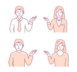 Poster - Vector illustration set of a young man and woman  introducing or navigating