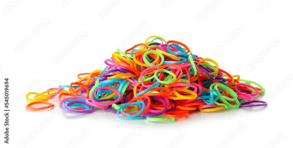 Heap of office colorful rubber bands on white background