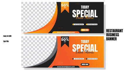 Wall Mural - food menu banner design in orange and black color. restaurant business banner design. suitable for social media banner or web banner