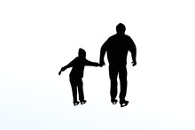 Silhouette Of A Father Playing Ice Skating With His Kid.