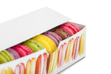 Canvas Print - Macaroons dessert gift,traditional french colorful macaroons in a rows in a box