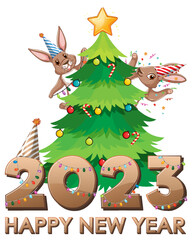 Wall Mural - Happy New Year text with cute rabbit for banner design