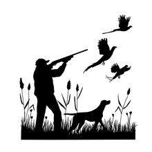 Hunter With Dog Aiming With Rifle On Pheasant. Outdoor Hunting Scene. Vector Silhouette Hunting Isolated On White.
