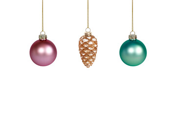 Wall Mural - christmas decorations hanging on threads on a white background