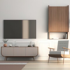 Poster - Cabinet tv in modern living room with armchair on white wall background.3d rendering