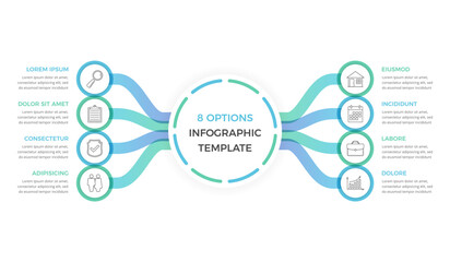 Infographic template with 8 options with text and icons