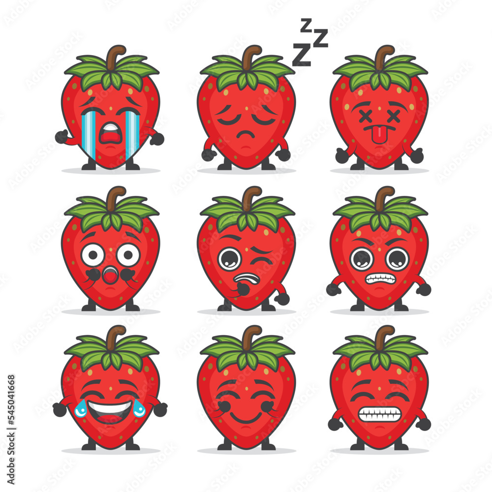 Strawberry character with various face expression. Happy cute cartoon ...