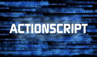 Wall Mural - word actionscript and abstract cyberspace with binary code on dark background. actionscript programm
