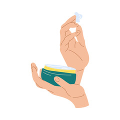 Sticker - Hands holding jar with sunblock lotion vector illustration. Sun safety, lotion with SPF, sunscreen for skin care during summer isolated on white background. Cosmetics, summer, protection concept