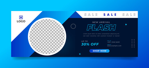 Flash sale facebook cover page timeline web ad banner template with photo place. modern and creative layout blue background design for business or corporate promotion offer