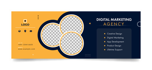 Wall Mural - marketing agency facebook cover page timeline web ad banner template with photo place. modern and creative layout black orange background for business