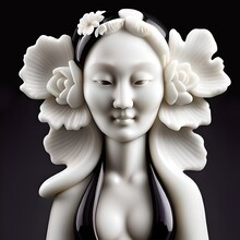 A 3d Rendering Of A Marble, Nephrite And Obsidian Statuette Of A Woman With Flowers On Her Head. Statue/sculpture