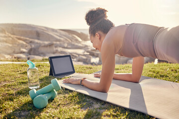 Sticker - Fitness, woman and tablet in yoga planking at the beach for exercise, training or workout in healthy wellness. Active female in plank pose for abdominal, abs or core strength with touchscreen outside