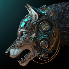 cyber wolf with golden details, mechanic, cyborg, generative ai