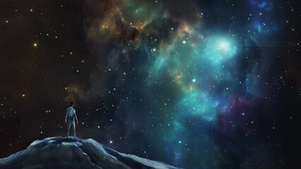 Wall Mural - space scene. man standing on rock with colorful nebula and stars. elements furnished by nasa. 3d ren