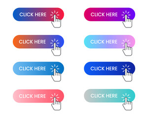 Wall Mural - Set of Click here Button. Click here, apply, buttons hand pointer clicking with Different gradient colors and icons. 