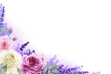 Corner Frame Of White, Pink And Purple Roses And Lavender Flowers With Lilac Gradient Fog Isolated On White Background. Hand Drawn Watercolor. Copy Space.