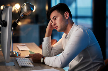 Businessman, stress or bored on computer in night office for cyber security website, digital marketing web design or programming code. Anxiety, tired or confused programmer with technology 404 glitch