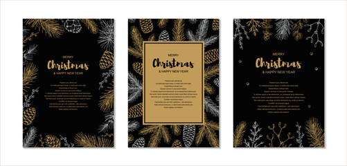 Set of Merry Christmas and Happy New Year vertical invitation templates and greeting cards with hand drawn golden evergreen branches and cones on black background. Vector illustration in sketch style