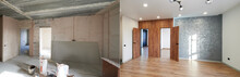 Comparison Of Old Room With Building Tools And New Renovated Room. Photo Collage Of Apartment Before And After Restoration. Concept Of Home Renovation.