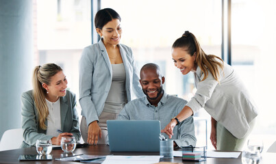Poster - Business people, laptop and meeting for team idea, strategy or collaboration on group project at the office. Employee workers in teamwork, planning or brainstorming for online marketing on computer