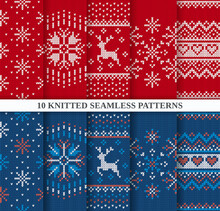Christmas Seamless Patterns Set. Knitted Sweater Textures Red And Blue Collection. Holiday Fair Isle Traditional Ornament. Xmas Winter Background. Knit Prints. Wool Pullover. Vector Illustration