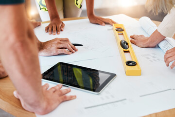 Poster - Architect, team or blueprint on paper, tablet or planning for construction, strategy and building design. Architecture, engineering and teamwork with creative property design in corporate work table