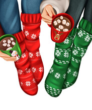 Couple In Warm Cosy Socks Drinking Hot Cocoa. Merry Christmas Greeting Card