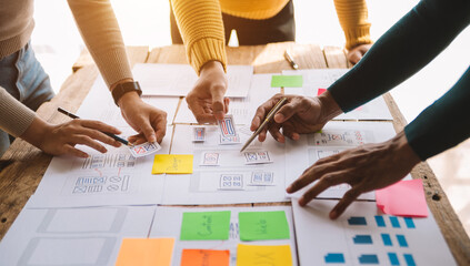 Wall Mural - ux developer and ui designer brainstorming about mobile app interface wireframe design with customer