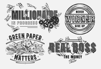 Wall Mural - Set of monochrome money labels with 100 US dollar bills, gold coins, gearwheels, text, quotes. Creative concept of making money. Apparel, t shirt design. Vintage illustration on a white background