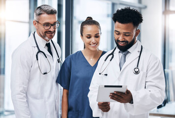 Poster - Health, nurse and doctors with tablet for medical information, online and technology in healthcare and medicine in hospital. Professional medical team, men and woman check digital health care record.