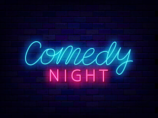 Wall Mural - Comedy night neon lettering on brick wall. Comedian show. Comic evening performance. Vector stock illustration