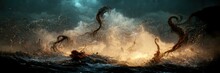 Kraken Attack. Storm. Wave. Fantasy Scenery.
