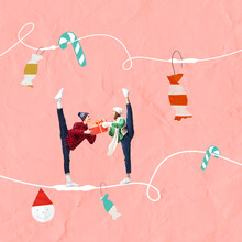 Contemporary Art Collage. Two Young People, Man And Woman Standing On Twine And Giving Presents