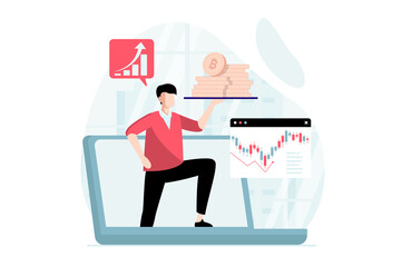 Poster - Cryptocurrency mining concept with people scene in flat design. Man miner mines bitcoin coins using laptop and analyzes exchange data for selling. Illustration with character situation for web