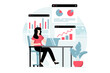 © alexdndz - Data analysis concept with people scene in flat design. Woman researching statistics in diagrams and graphs, works with information on screens. Illustration with character situation for web
